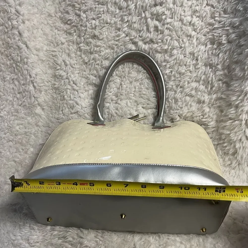 Arcadia leather Patent Leather Cream and Silver Dome style medium Satchel.